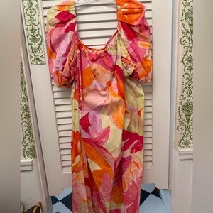 H&M Puff Sleeve Tropical Vibrant Multicolor Women's Dress XXL Pink Orange Print